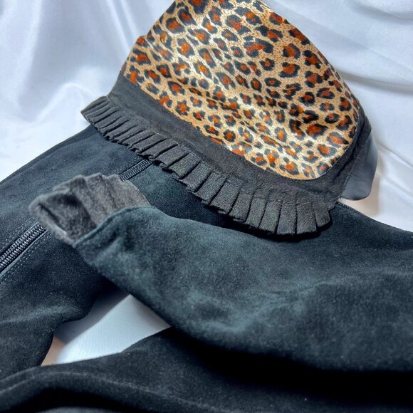 Hot In Hollywood-Black Leather Over Knee 4" Heels-Cheetah Print Inside-Ruffle-6M - Picture 7 of 16